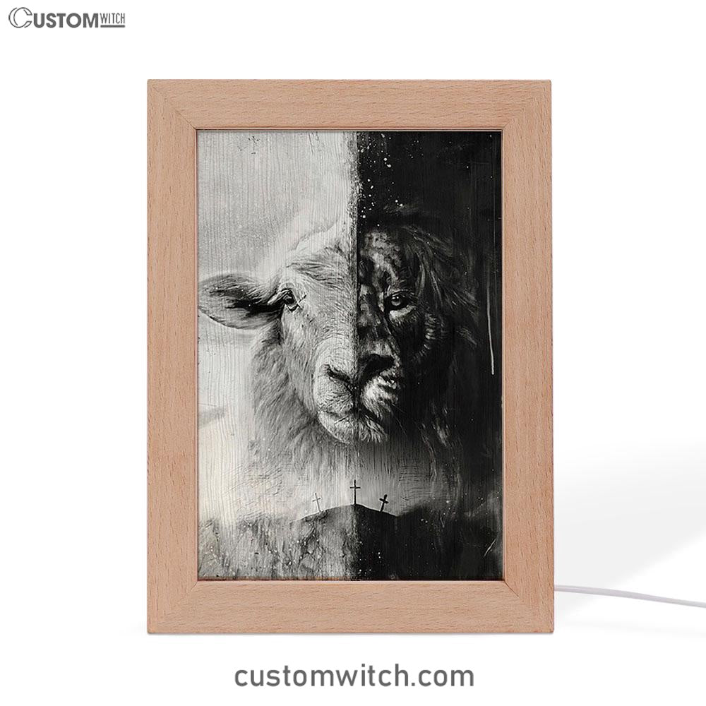 Lion And Lamb Face Frame Lamp - Lion Frame Lamp Print - Christian Art - Religious Home Decor