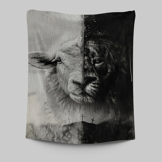 Lion And Lamb Face Tapestry - Lion Tapestry Print - Christian Wall Art - Religious Home Decor