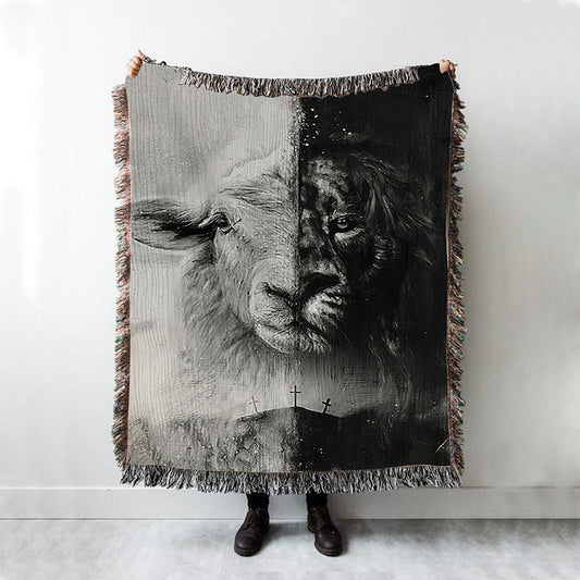 Lion And Lamb Face Woven Blanket - Lion Woven Blanket Print - Christian Throw Blanket - Religious Home Decor