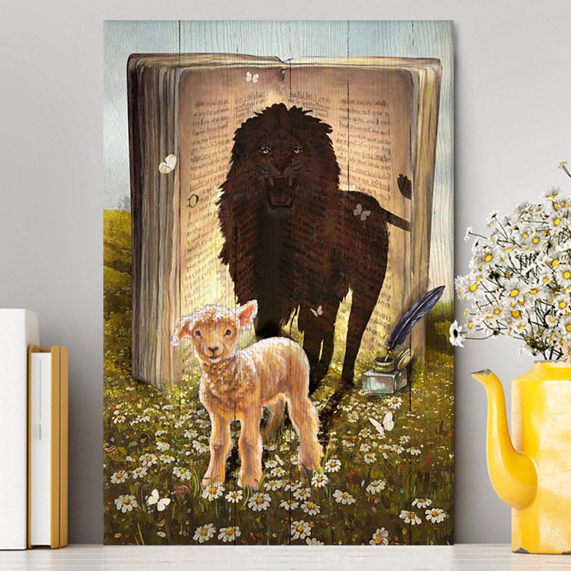 Lion And Lamb Of God Daisy Field White Butterfly Canvas - Lion Canvas Print - Christian Wall Art - Religious Home Decor
