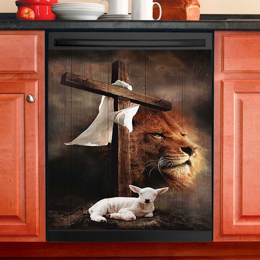 Lion And Lamb Of God Daisy Field White Butterfly Dishwasher Cover, Lion Dishwasher Wrap, Christian Kitchen Decoration