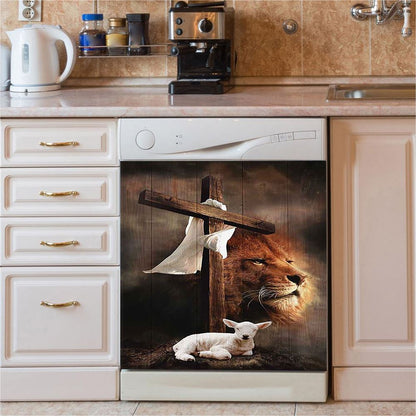 Lion And Lamb Of God Daisy Field White Butterfly Dishwasher Cover, Lion Dishwasher Wrap, Christian Kitchen Decoration