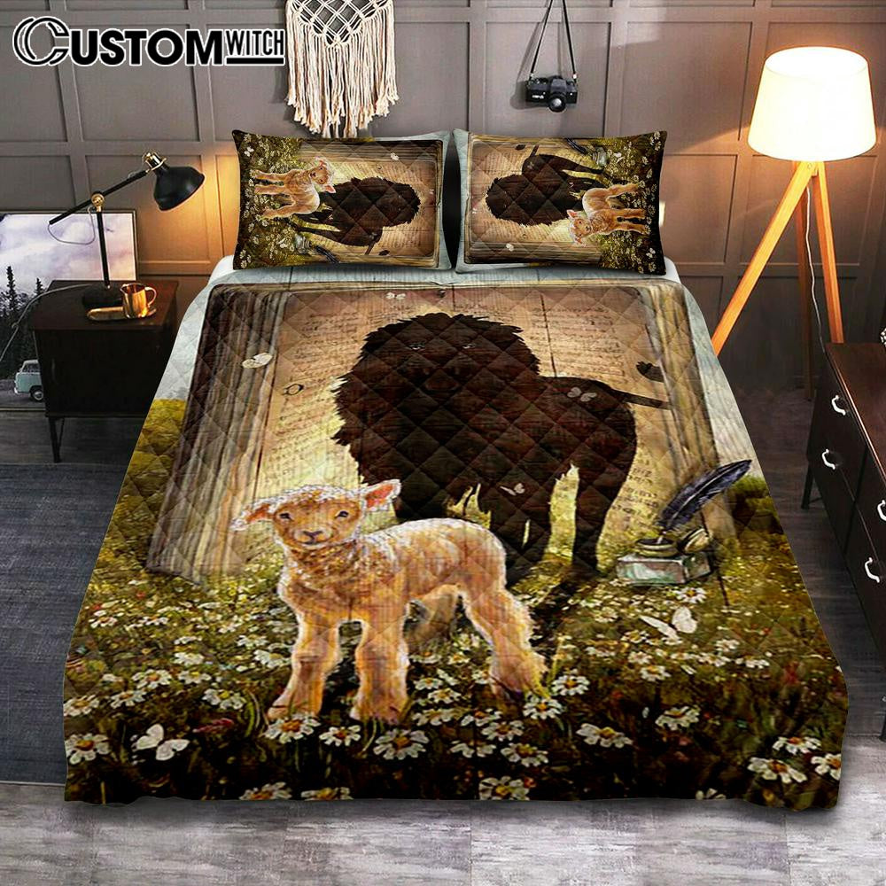 Lion And Lamb Of God Daisy Field White Butterfly Quilt Bedding Set - Lion Quilt Bedding Set Print - Christian Bedroom - Religious Home Decor