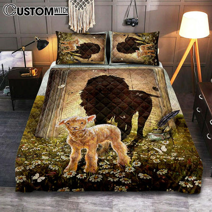 Lion And Lamb Of God Daisy Field White Butterfly Quilt Bedding Set - Lion Quilt Bedding Set Print - Christian Bedroom - Religious Home Decor