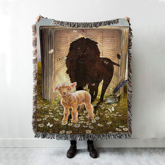 Lion And Lamb Of God Daisy Field White Butterfly Woven Blanket - Lion Woven Blanket Print - Christian Throw Blanket - Religious Home Decor