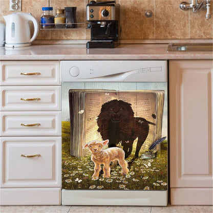 Lion And Lamb Of God Dishwasher Cover, Bible Verse Dishwasher Wrap, Inspirational Kitchen Decoration