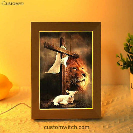 Lion And Lamb Of God Frame Lamp Art - Bible Verse Wooden Lamp - Inspirational Art - Christian Home Decor