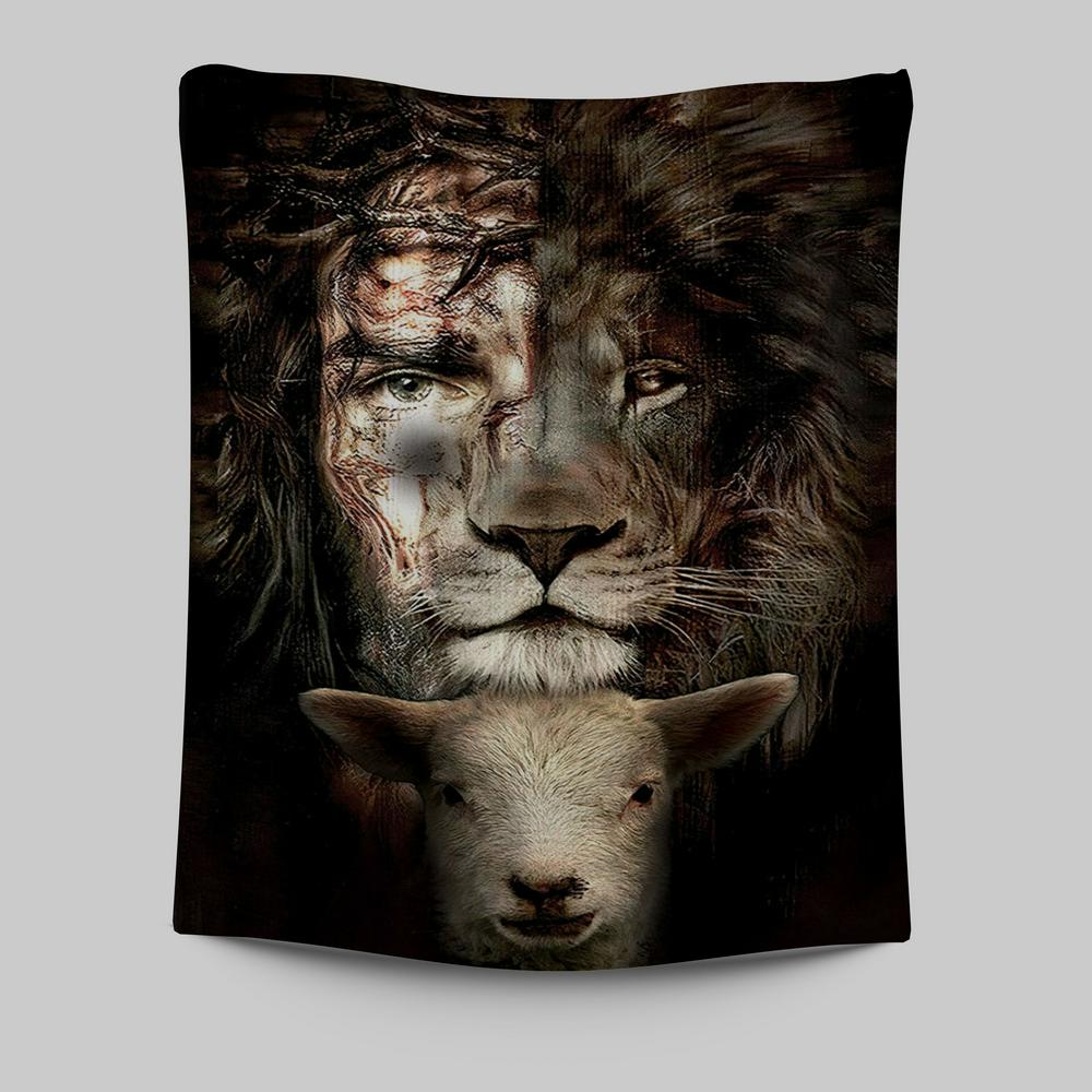 Lion And Lamb Tapestry Wall Art - Christian Wall Tapestry - Religious Tapestries Wall Hanging Prints