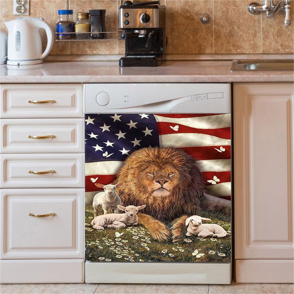 Lion And The Lamb Daisy Garden Dishwasher Cover, Lion Dishwasher Wrap, Christian Kitchen Decoration