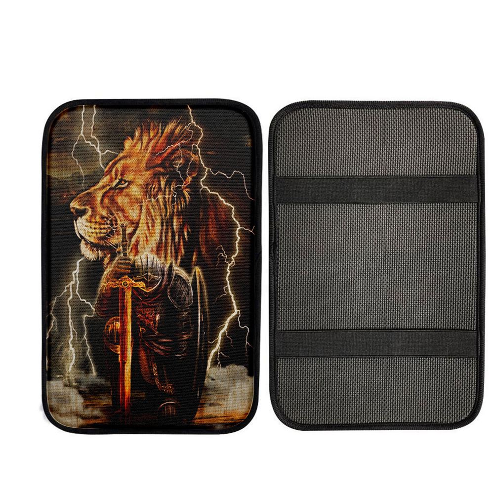 Lion And The Warrior Car Center Console Cover, Christian Gift Car Armrest Pad