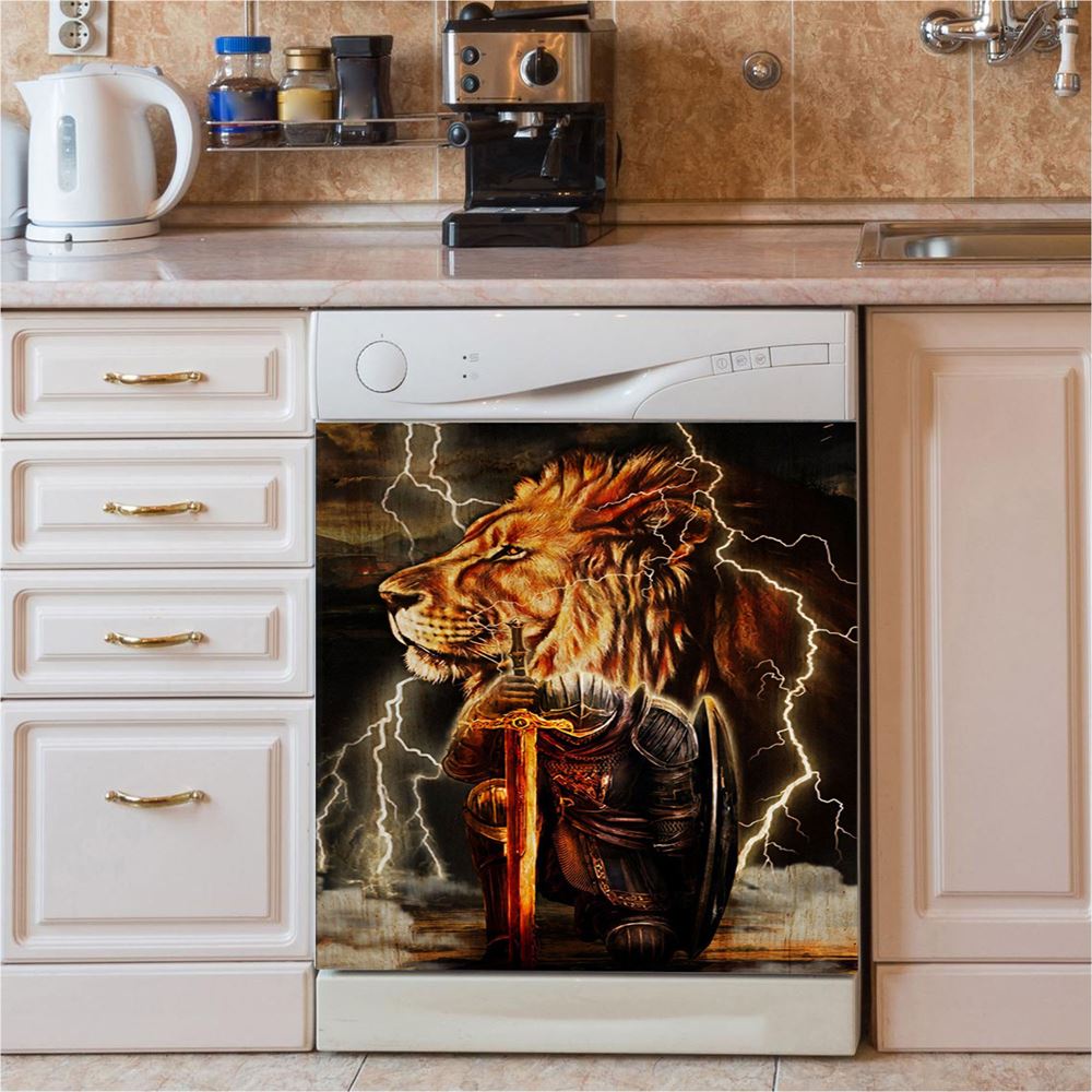 Lion And The Warrior Dishwasher Cover, Christian Dishwasher Wrap, Religious Kitchen Decoration