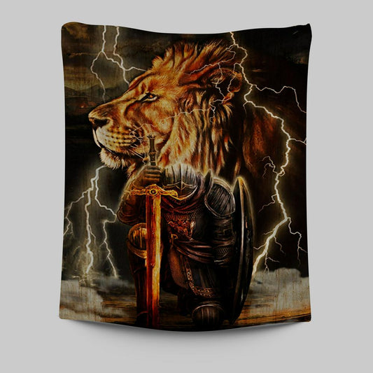 Lion And The Warrior Tapestry Wall Art - Christian Wall Tapestry - Religious Tapestries Wall Hanging Prints