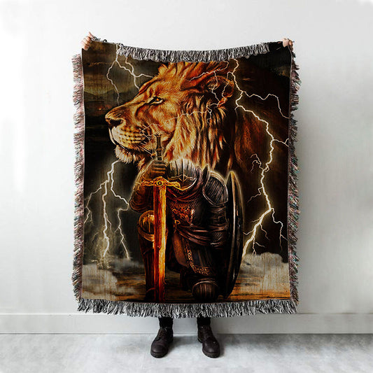 Lion And The Warrior Woven Throw Blanket - Christian Wall Woven Blanket - Religious Woven Blanket Prints