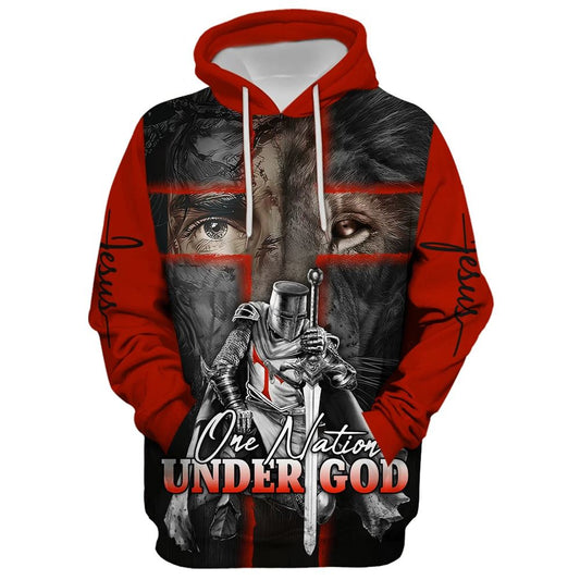 Lion And Warrior Hoodies, One Nation Under God Hoodie For Men & Women, God 3D Printed Hoodie, Christian Apparel Hoodies