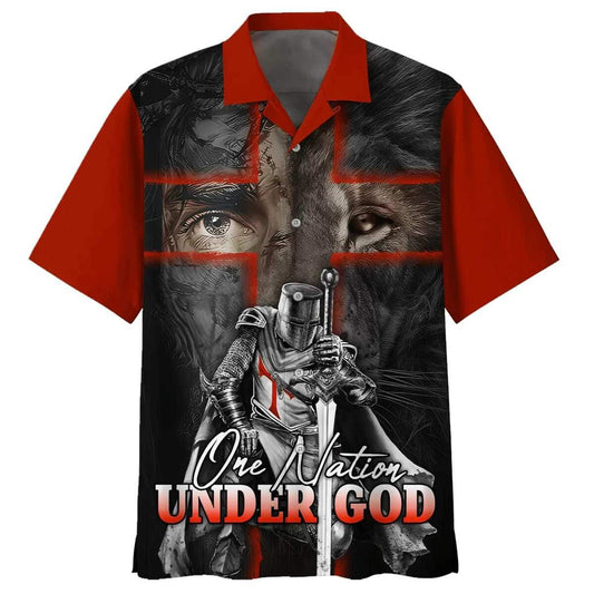 Lion And Warrior One Nation Under God Christian Faith Knight Template Hawaiian Shirt For Men, Christian Hawaiian Shirt, Gift For Christian