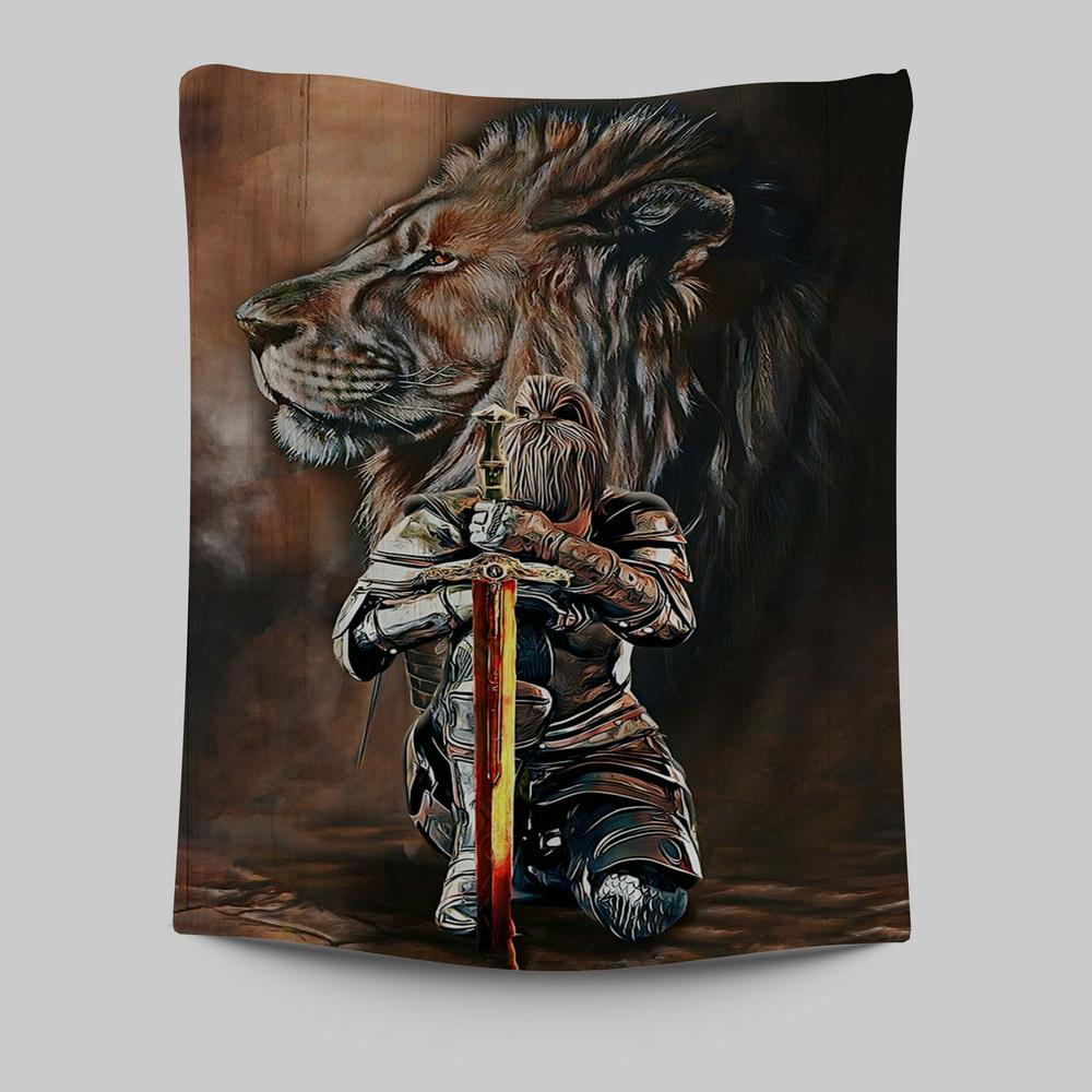 Lion And Women Warrior Tapestry Wall Art - Christian Wall Tapestry - Religious Tapestries Wall Hanging Prints