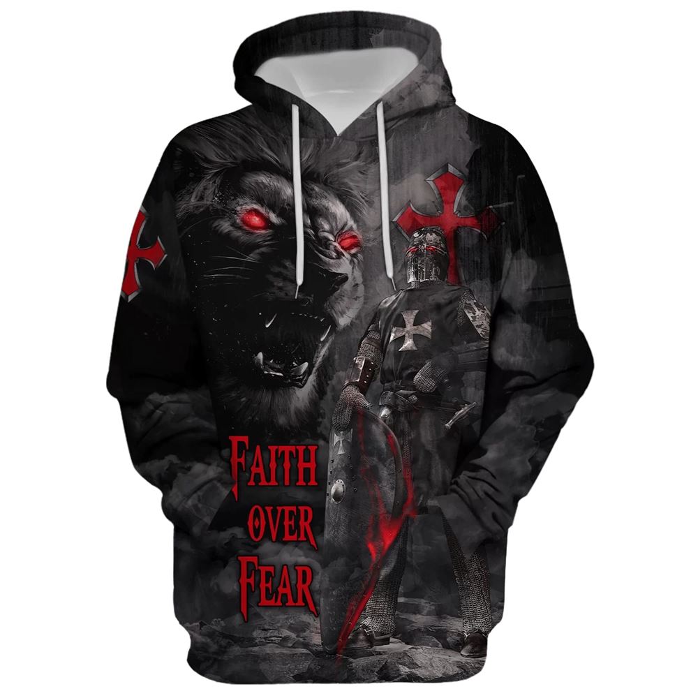 Lion Armor Knight Faith Over Fear Hoodie For Men & Women, God 3D Printed Hoodie, Christian Apparel Hoodies
