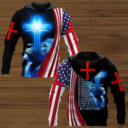 Lion Blue Cross And Jesus Is My Everything American Flag God 3D Hoodie For Man And Women, Jesus Printed 3D Hoodie