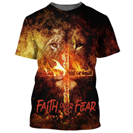 Lion Burning Fire Cross All Over Print 3D T Shirt For Men And Women, Christian T-Shirt, Faith Shirt
