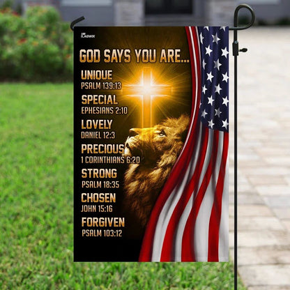 Lion Christian God Says You Are American US House Flags, Christian Flag, Scripture Flag, Garden Banner