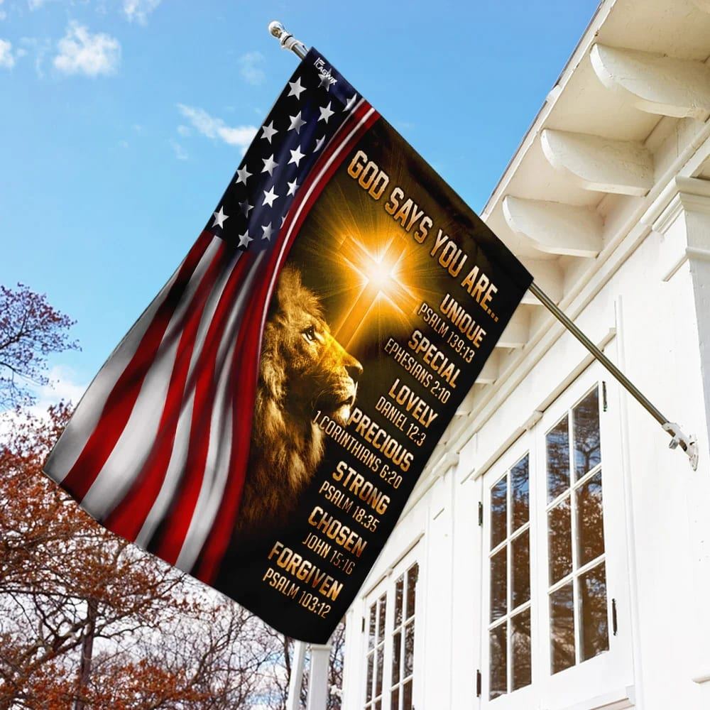 Lion Christian God Says You Are American US House Flags, Christian Flag, Scripture Flag, Garden Banner