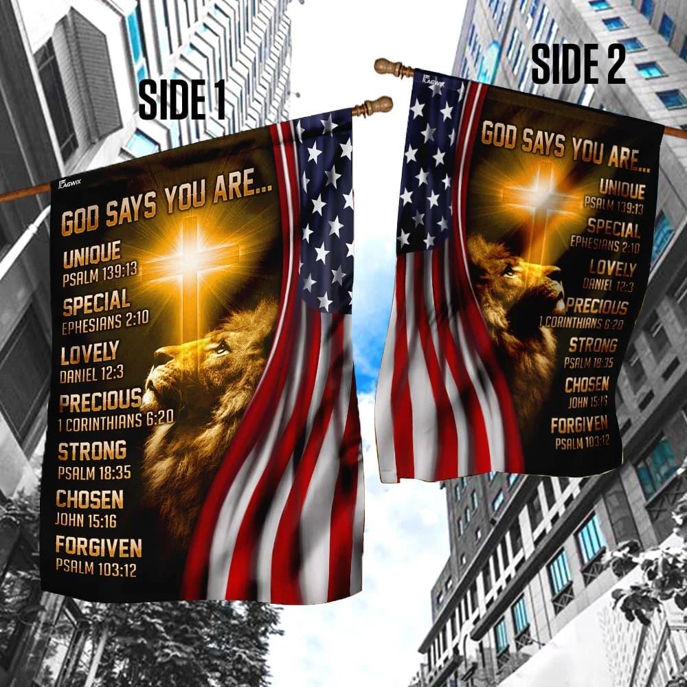 Lion Christian God Says You Are American US House Flags, Christian Flag, Scripture Flag, Garden Banner