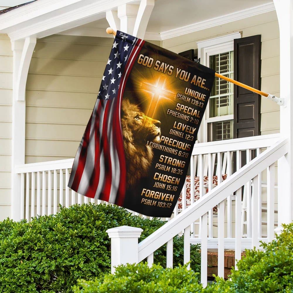 Lion Christian God Says You Are American US House Flags, Christian Flag, Scripture Flag, Garden Banner