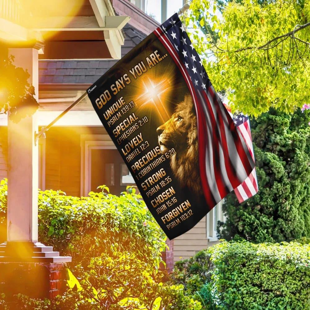 Lion Christian God Says You Are American US House Flags, Christian Flag, Scripture Flag, Garden Banner
