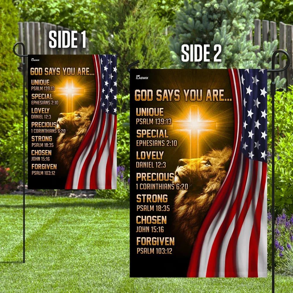 Lion Christian God Says You Are American US House Flags, Christian Flag, Scripture Flag, Garden Banner