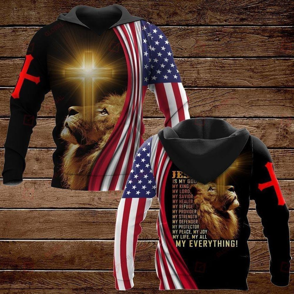 Lion Cross And Jesus Is My Everything American Flag God 3D Hoodie For Man And Women, Jesus Printed 3D Hoodie