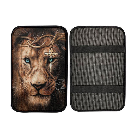 Lion Cross Crown Of Thorns Car Center Console Cover, Christian Gift Car Armrest Pad