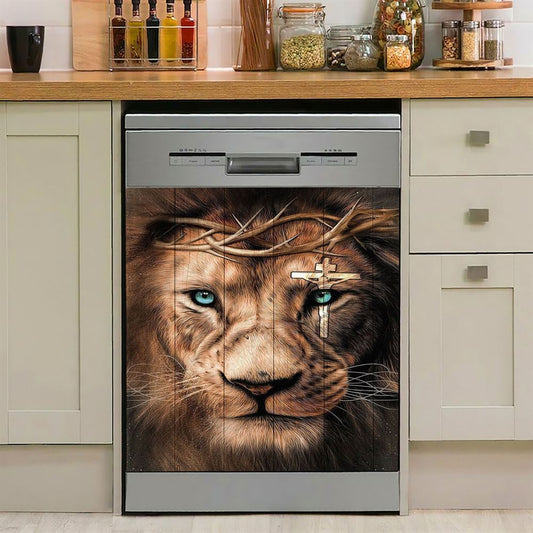 Lion Cross Crown Of Thorns Dishwasher Cover, Christian Dishwasher Wrap, Bible Verse Kitchen Decoration