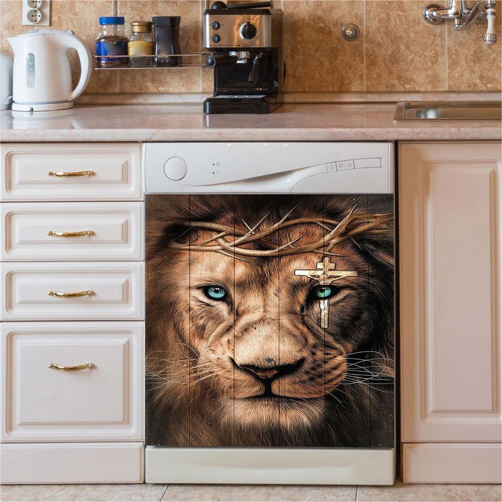 Lion Cross Crown Of Thorns Dishwasher Cover, Christian Dishwasher Wrap, Bible Verse Kitchen Decoration