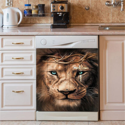 Lion Cross Crown Of Thorns Dishwasher Cover, Christian Dishwasher Wrap, Bible Verse Kitchen Decoration
