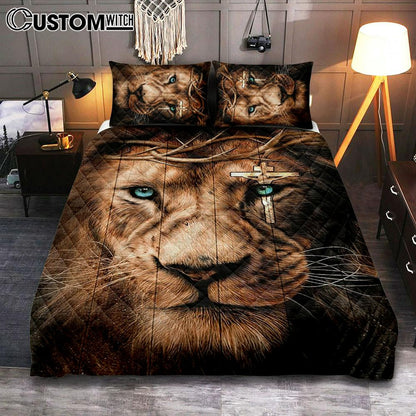 Lion Cross Crown Of Thorns Quilt Bedding Set Art - Christian Art - Bible Verse Bedroom - Religious Home Decor