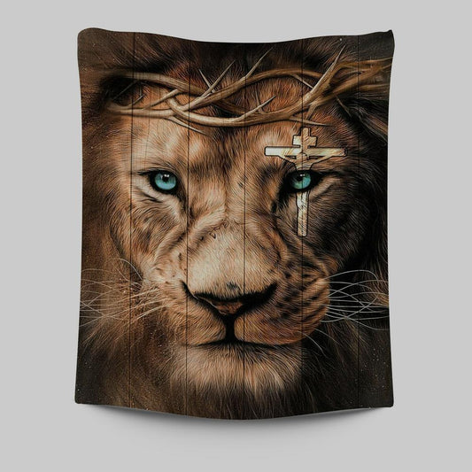 Lion Cross Crown Of Thorns Tapestry Art - Christian Art - Bible Verse Wall Art - Religious Home Decor