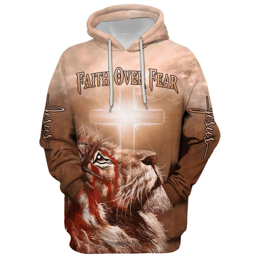 Lion Cross Faith Over Fear Hoodie For Men & Women, God 3D Printed Hoodie, Christian Apparel Hoodies