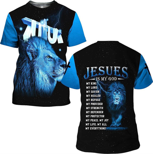 Lion Cross Jesus Is My God My King All Over Print 3D T Shirt For Men And Women, Christian T-Shirt, Faith Shirt