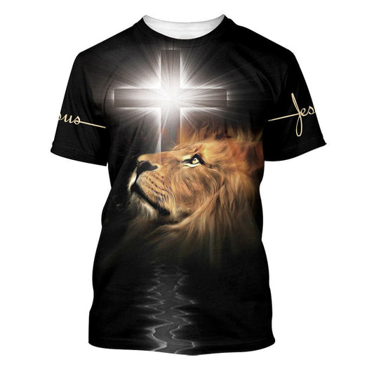 Lion Cross The Light Shines In The Darkness All Over Print 3D T Shirt For Men And Women, Christian T-Shirt, Faith Shirt