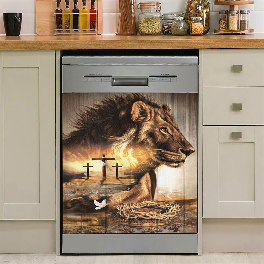 Lion Crow Of Thorns Heaven'S Light The King Of All Kings Dishwasher Cover, Christian Dishwasher Wrap, Bible Verse Kitchen Decoration