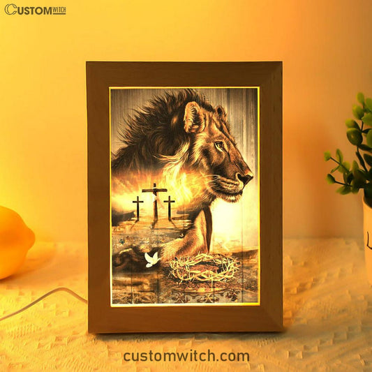 Lion Crow Of Thorns Heaven's Light The King Of All Kings Frame Lamp Prints - Christian Decor - Bible Verse Wooden Lamp