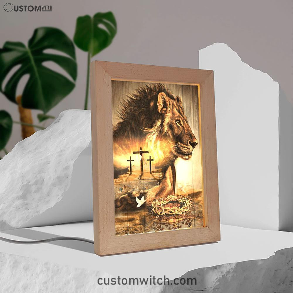 Lion Crow Of Thorns Heaven's Light The King Of All Kings Frame Lamp Prints - Christian Decor - Bible Verse Wooden Lamp