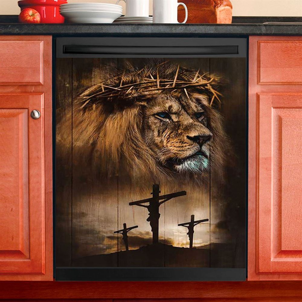 Lion Crown Of Thorn Jesus On The Cross Dishwasher Cover, Lion Dishwasher Wrap, Christian Kitchen Decoration