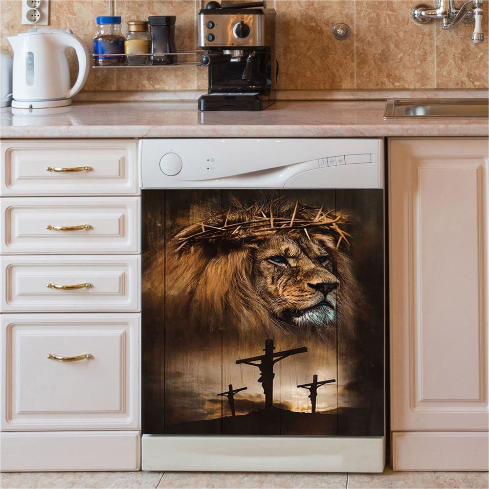Lion Crown Of Thorn Jesus On The Cross Dishwasher Cover, Lion Dishwasher Wrap, Christian Kitchen Decoration