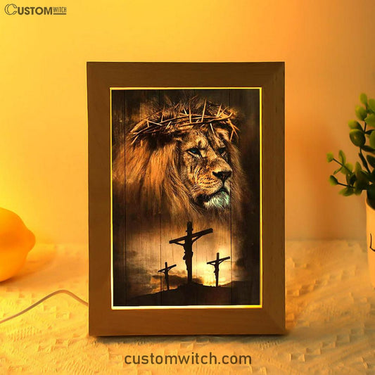 Lion Crown Of Thorn Jesus On The Cross Frame Lamp - Lion Frame Lamp Print - Christian Art - Religious Home Decor