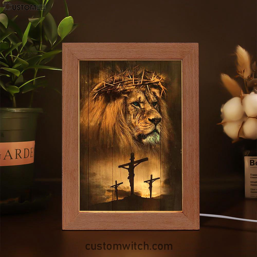 Lion Crown Of Thorn Jesus On The Cross Frame Lamp - Lion Frame Lamp Print - Christian Art - Religious Home Decor