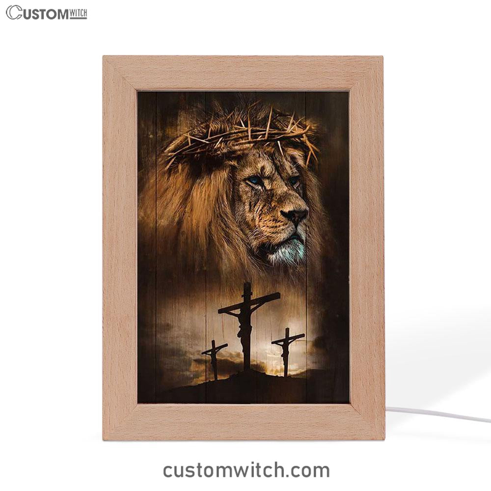 Lion Crown Of Thorn Jesus On The Cross Frame Lamp - Lion Frame Lamp Print - Christian Art - Religious Home Decor