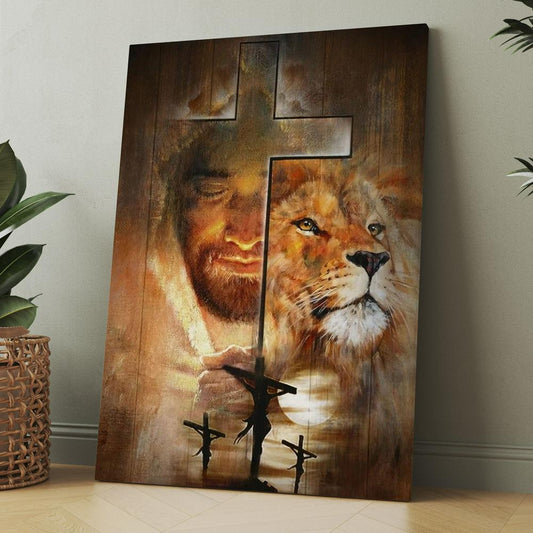 Lion Drawing, Jesus, Amazing Sunset, Big Cross Canvas, Christmas Gift for Christian