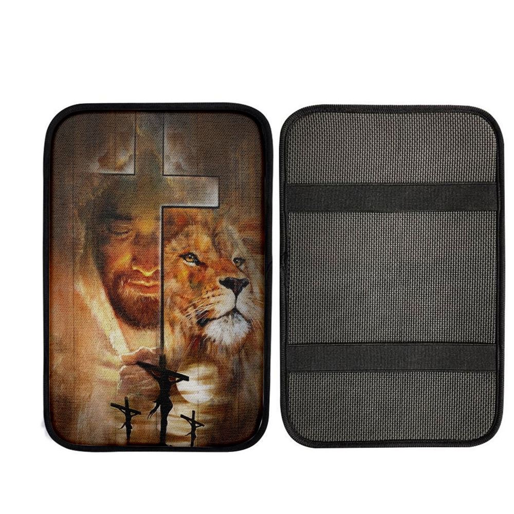 Lion Drawing, Jesus, Amazing Sunset, Big Cross Car Center Console Cover, Car Armrest Pad, Christian Gift, Armrest Box Mat
