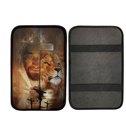 Lion Drawing, Jesus, Amazing Sunset, Big Cross Car Center Console Cover, Car Armrest Pad, Christian Gift, Armrest Box Mat
